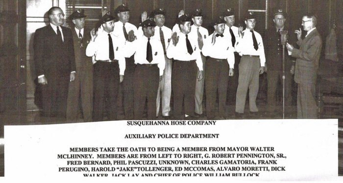 Photo of the Susquehanna Hose Co Auxiliary Police Dept being sworn in my Mayor Walter McLhinney - Havre de Grace - 1947-49