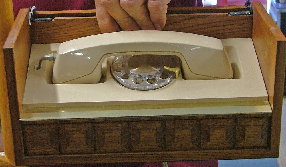 Inside the case of the Western Electric Stowaway phone from the 70s at Bahoukas.