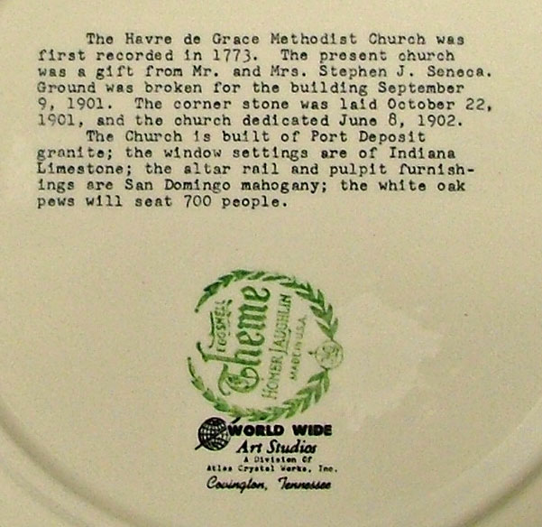 details on back of HdG Methodist Church commemorative plate