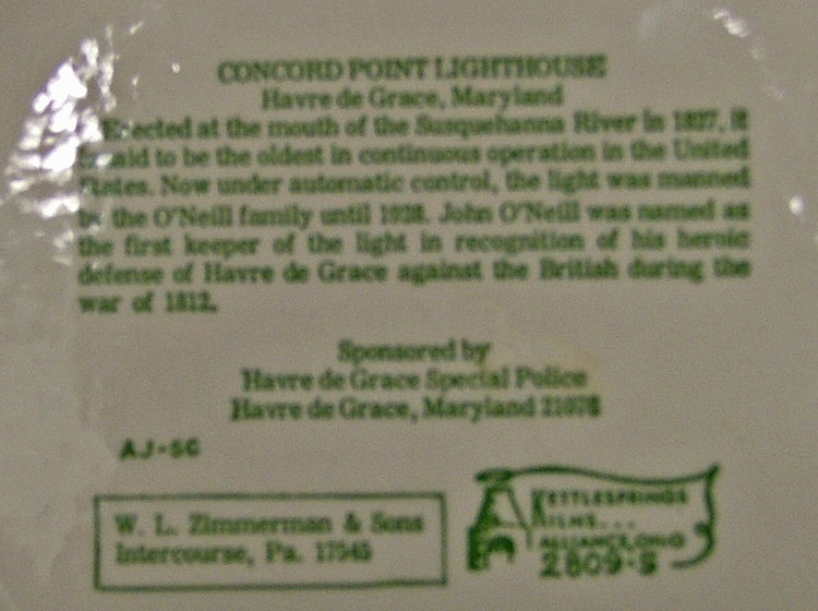 History of Concord Pt Lighthouse on back of plate - Bahoukas