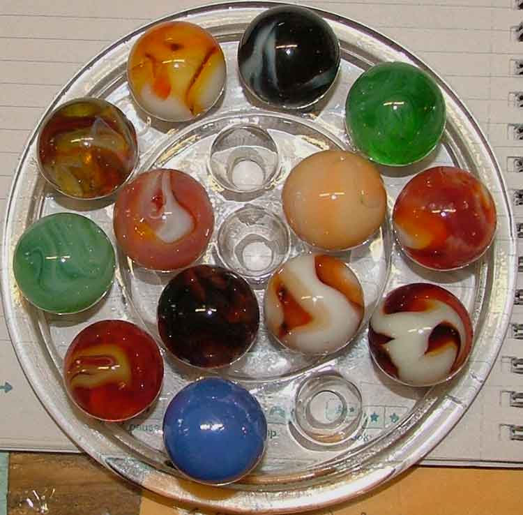 Round dish of shooter marbles at Bahoukas in Havre de Grace
