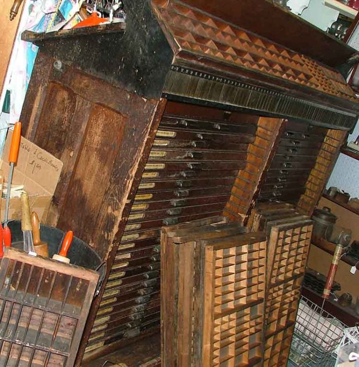 Old printer's trays often used for shadow boxes today, available at Bahoukas in Havre de Grace MD