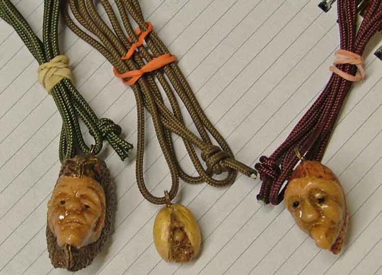 "Crazy NUtz" - jewelry carved from Brazil Nuts, Almonds or Pistachios by Robert Davis from Kansas available at Bahoukas Antiques in Maryland