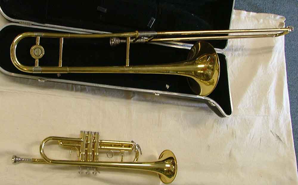 Trombone with case and a trumpet are just a few of the musical instruments you might find at Bahoukas Antiques, Havre de Grace, Harford Co., Maryland