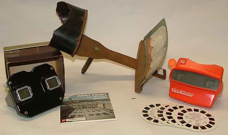 stereoscope with view cards from 1880-1910, Sawyer Stereoscope Viewmaster from the 1950s, modern 3D Viewmaster