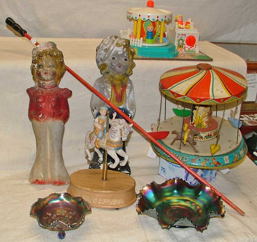 Chalk Statues - Shirley Temple 1960s, carney stick carnival glass Fisher Price merry go round 972 musical carousel horse - porcelain and 1950s Kiddy Go Round