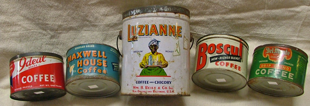 a display of antique coffee tins