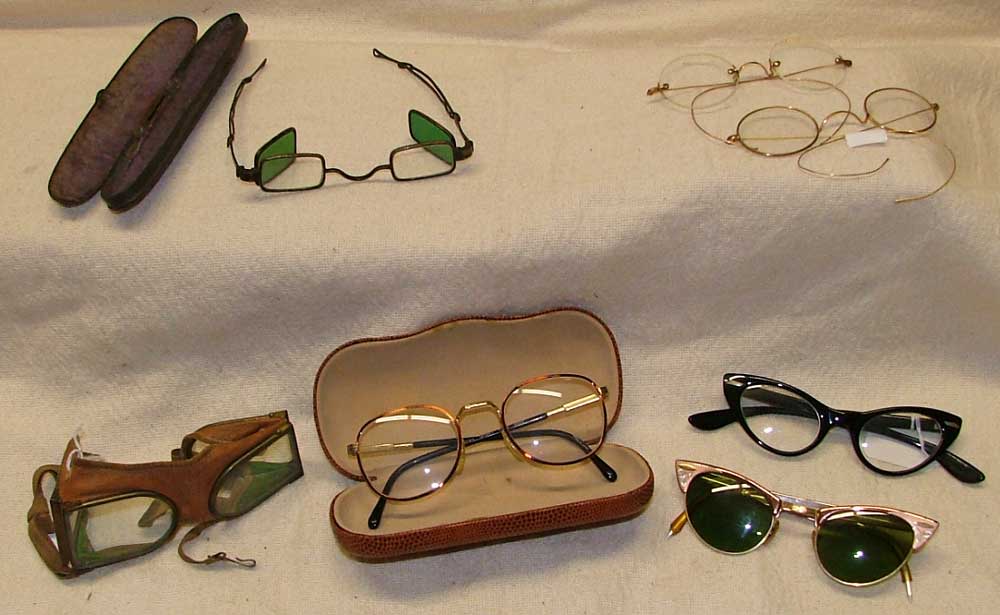Top: Civil War Shooter's glasses, 'John Lennon' style glasses / bottom: 1940s motorcycle/aviator glasses, eye glasses with case, cat eyes glasses