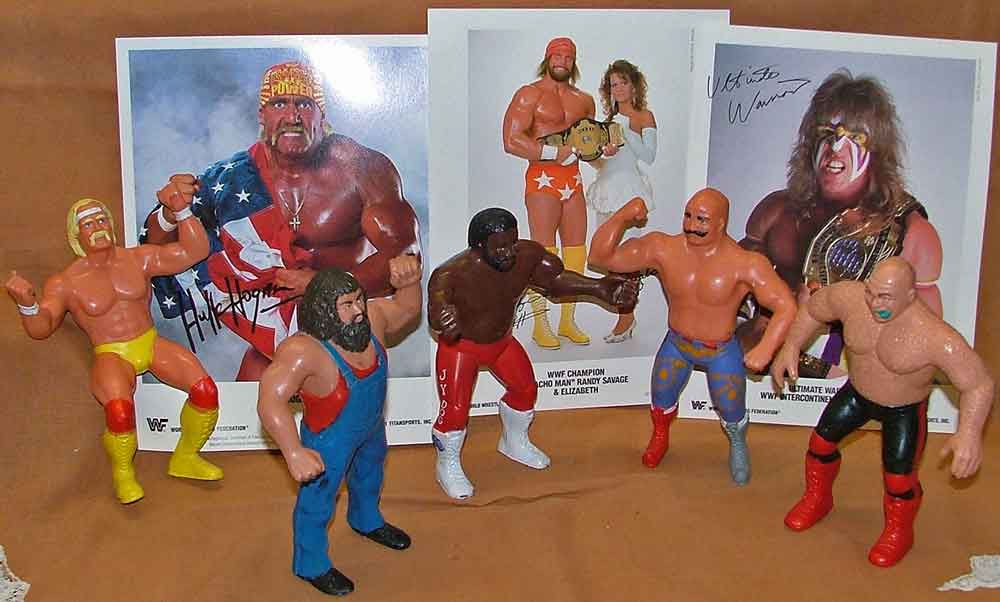 Wrestling figures including Hulk Hogan, Hillbilly Jim, Junkyard Dog, Iron Sheik, George "The Animal" Steele