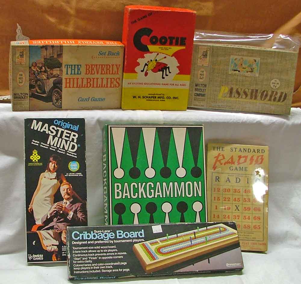 Just a few of the many board games available at Bahoukas in Havre de Grace including: Beverly Hill Billies card game, Cootie, and Password; as well as Master Mind, Backgammon, Radio and Cribbage! 
