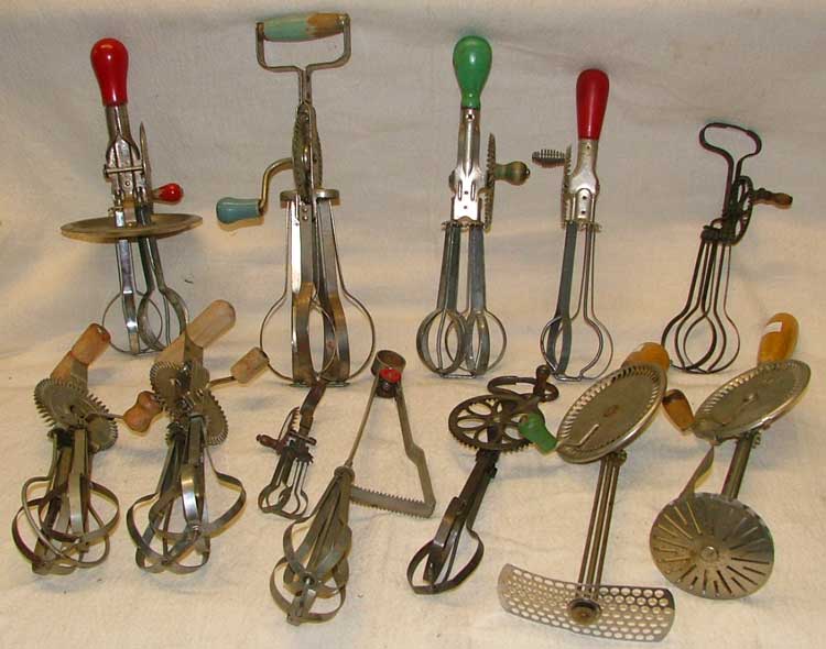 a variety of egg beaters from the early 1900s
