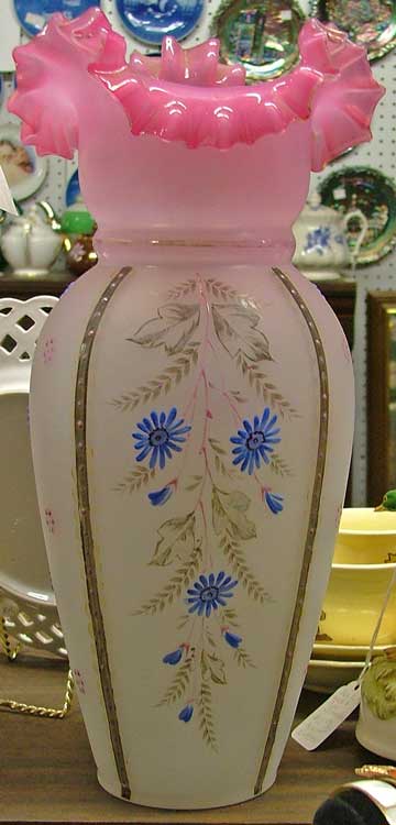 1800s Victorian Vase, pink with blue flowers, handblown glass at Bahoukas