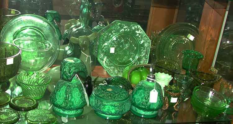 Green Depression Glass and 3 pc Czechoslovakian Malachite Perfume Set by Ingrid