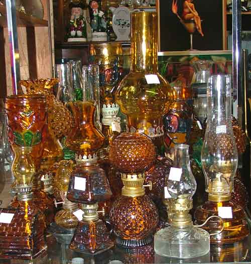 Mostly amber-colored oil lamps