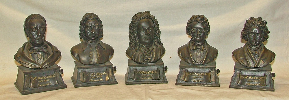 Wagner, Bach, Handel, F. Schubert, and Beethoven busts in 5" resin at Bahoukas 