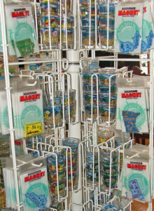 A part of the rack of souvenir state magnets and shot glasses at Bahoukas Antique Mall in Havre de Grace