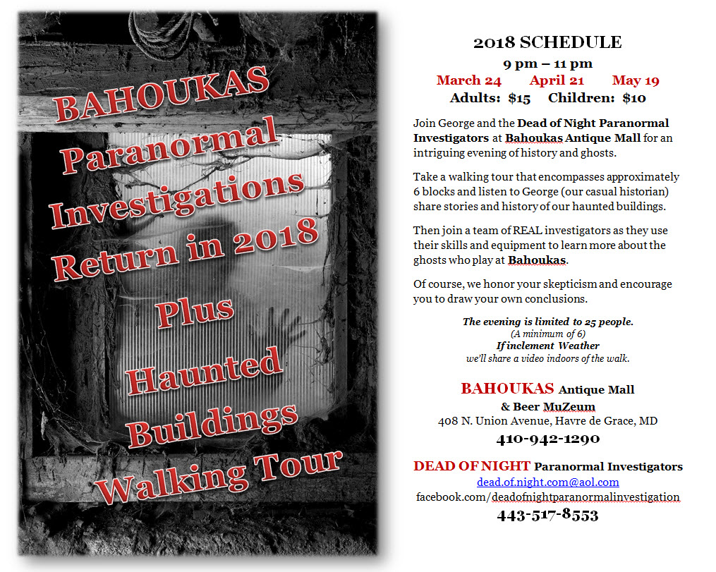 Paranormal Investigations and Haunted History Buildings Walking Tour at Bahoukas in Havre de Grace