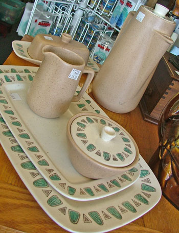mid-century modern metlox poppytrail dinnerware pieces available at Bahoukas Antiques