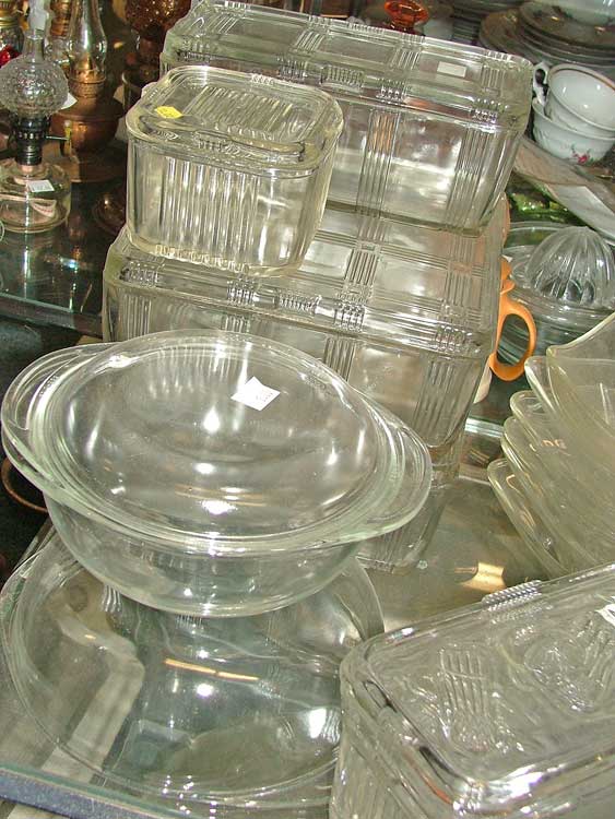 glss covered serving/freezer dishes at Bahoukas Antiques