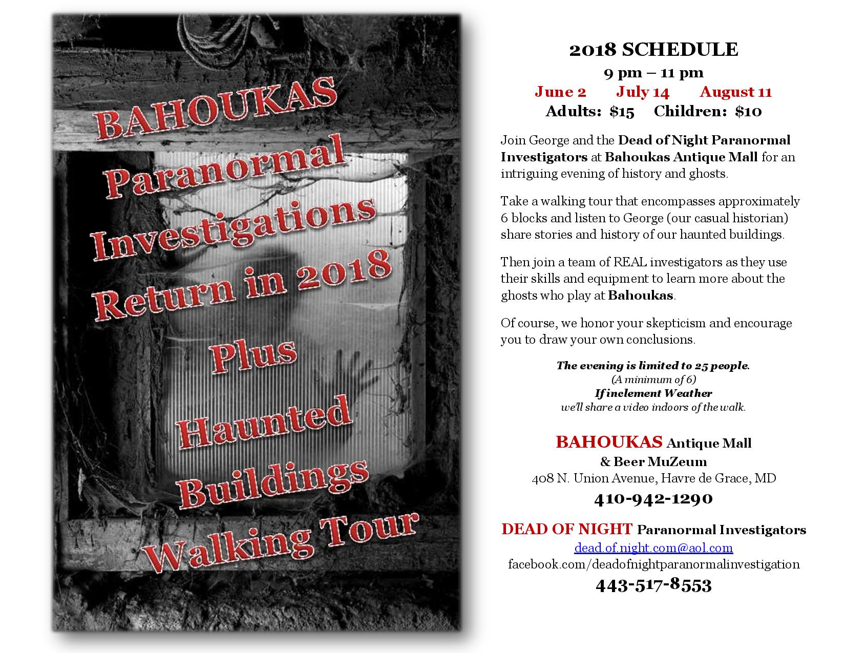 Paranormal Investigation and Haunted Buildings Walking Tour at Bahoukas in Havre de Grace