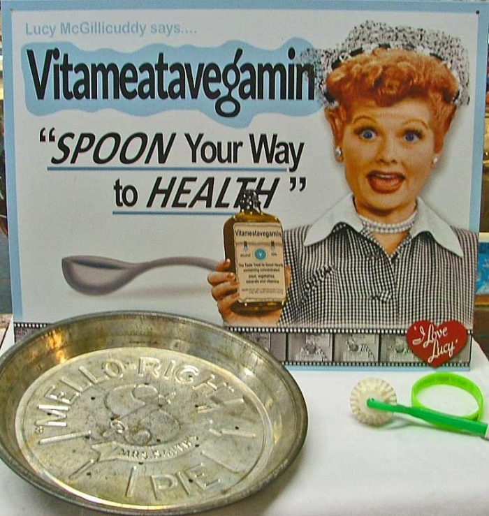 Vitameatavegemin with Lucille Ball poster, old pie tin and crust crimper all at Bahoukas Christmas in July sale!