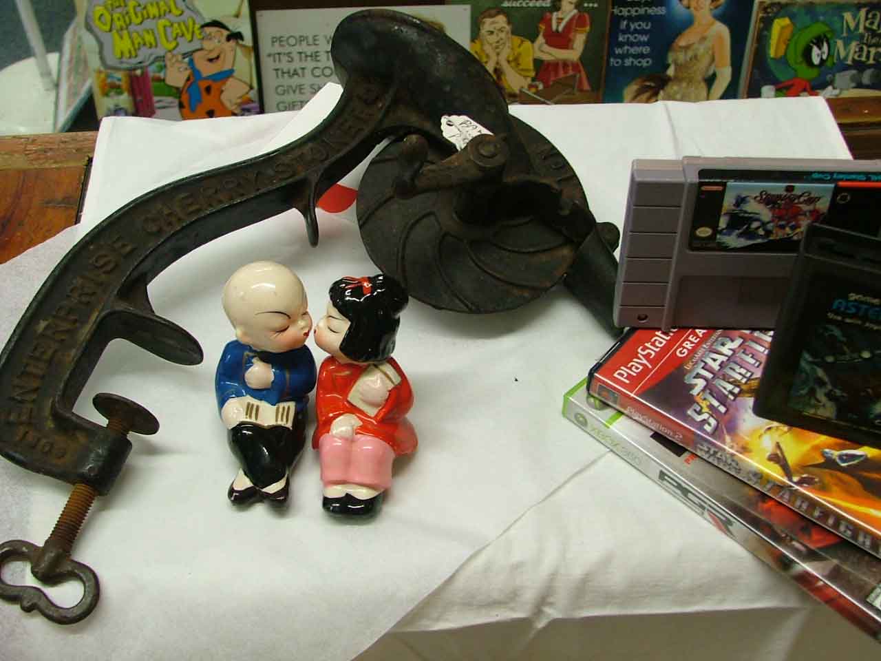 Kissing figurines, cherry pitter, and video games - make for some fun treasures at Bahoukas Antiques 