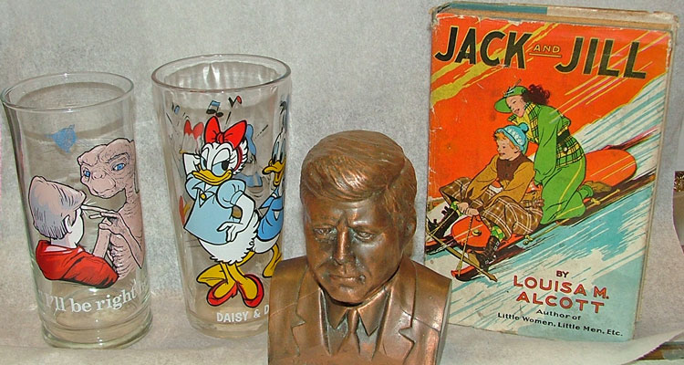 E.T. and Eilliott glass, Donald and Daisy Duck glass, Small bust of JFK, Jack and Jill book - collectibles at Bahoukas in Havre de Grace