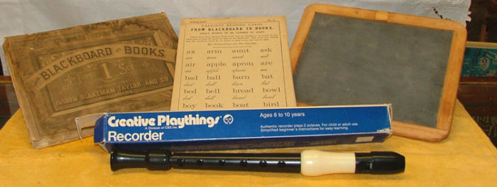 Balckboard to Books - Calkins's Reading Cards 1883, slateboard 1920s, Creative Playthings Recorder 1970s