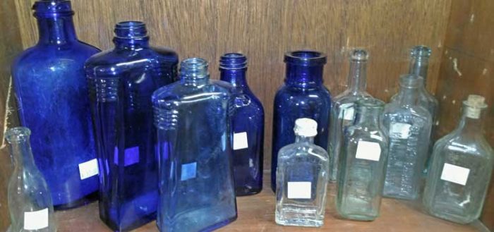 Shades of blue and clear glass bottles - beautiful on a window sill - Bahoukas in Havre de Grace