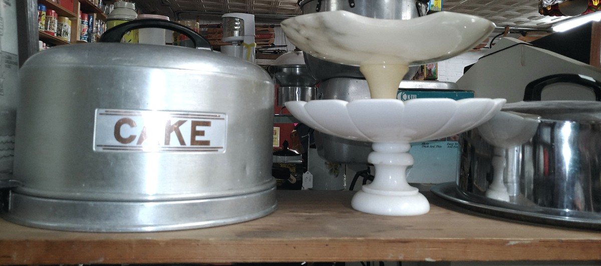 Cake carrier and serving dishes at Bahoukas Antique Mall