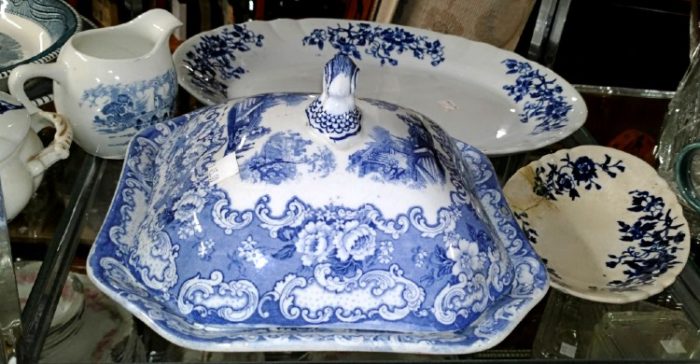 Beautiful blue and white platter, pitcher, and square covered serving dish at Bahoukas.