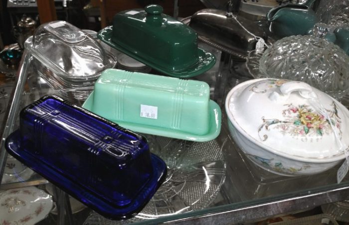 beautiful covered butter dishes and a small flowered tureen at Bahoukas in Havre de Grace