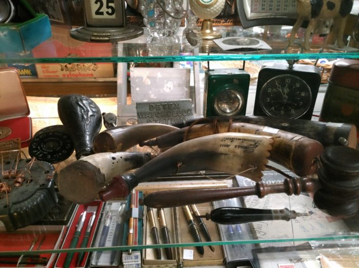 a recently acquired collection of antique powder horns can be seen at Bahoukas Antiques in Havre de Grace