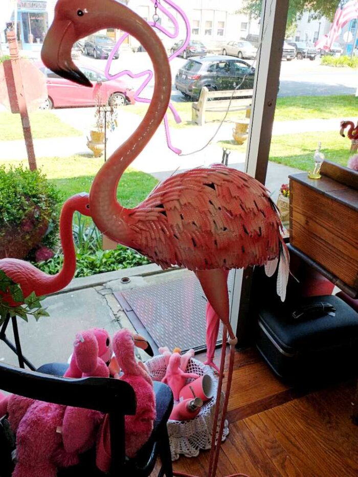 4' high beautiful tin, pink  flamingo sculpture at Bahoukas in Havre de Grace