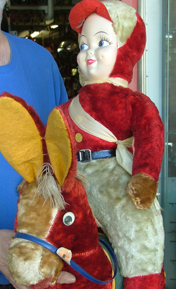 Close up of 1940s stuffed toys - horse and jockey - at Bahoukas