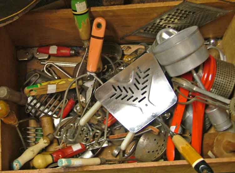 box of vintage kitchen utensils at Bahoukas in Havre de Grace MD