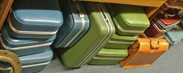 A variety of luggage pieces, many are by Samsonite, at Bahoukas Antiques in Havre de Grace, MD