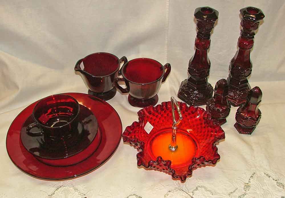 Hobnail Ruby Glass place setting, candy dish, sugar and creamer plus Avon Cape Cod Collection candlesticks and Salt and Pepper set found at Bahoukas Antiques in Havre de Grace