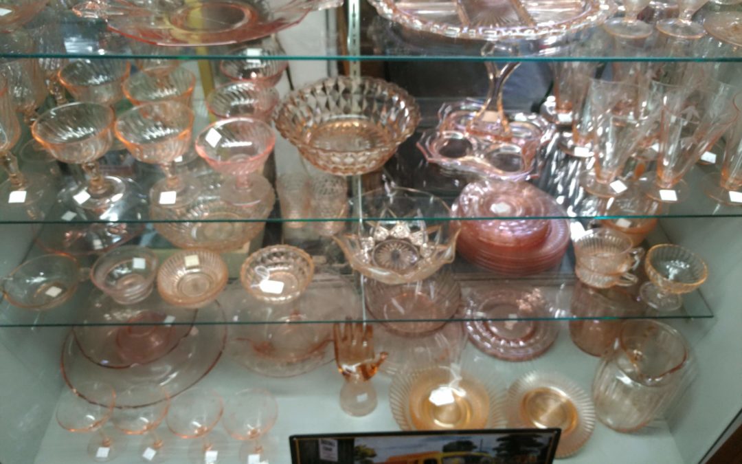 pink depression glass collection at Bahoukas in Havre de Grace