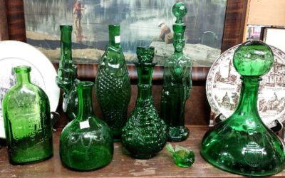 New: Green Glass Figural Bottles