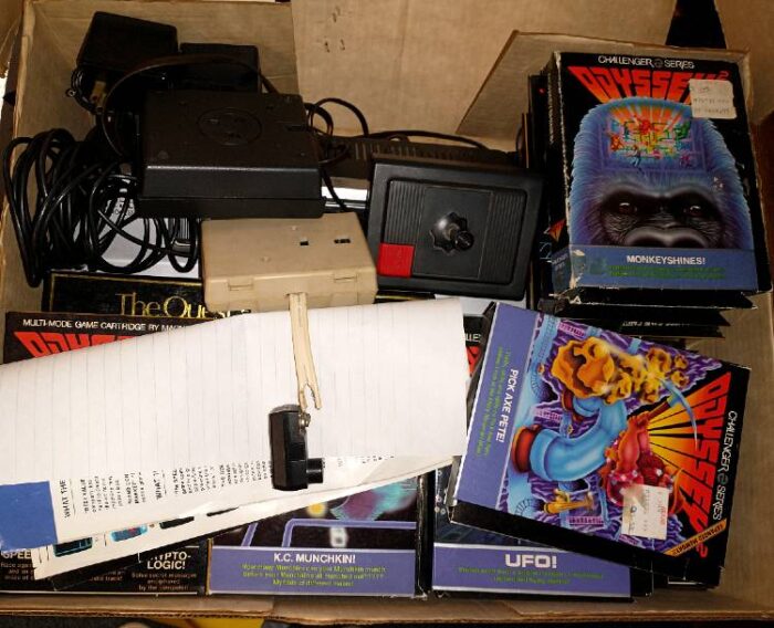 A photo of video games and controls that come with the Odysses 2 Video Game System available at Bahoukas.