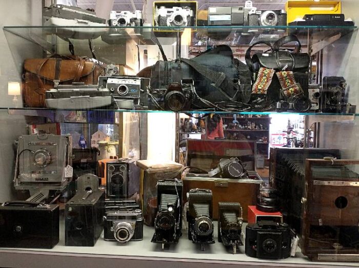 variety of collectible and vintage cameras at Bahoukas Antiques