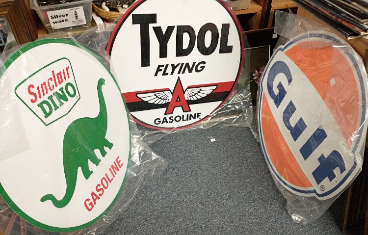 reproduction gasoline signs available at Bahoukas Antiques