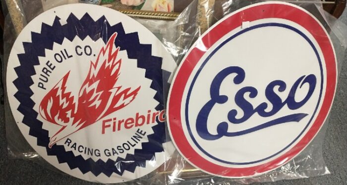 Reproduction gasoline signs - Firebird, Esso - at Bahoukas in Havre de Grace