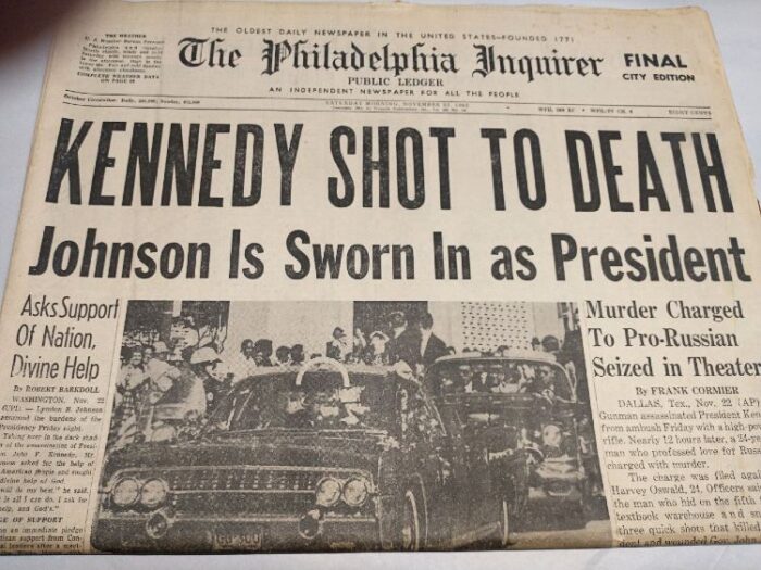 Photo of the newspaper: The Philadelphia Inquirer of Nov, 23, 1963 - Kennedy Shot to Death - Johnson is Sworn in as President