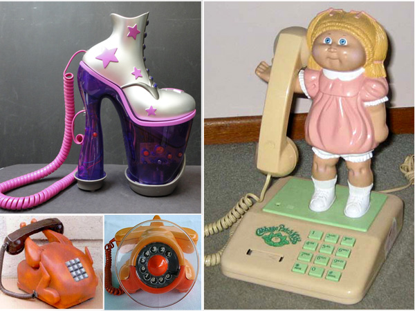 A variety of decorative phones that include Cabbage Patch Doll image, turkey, airplane, and Fashion Shoe. 