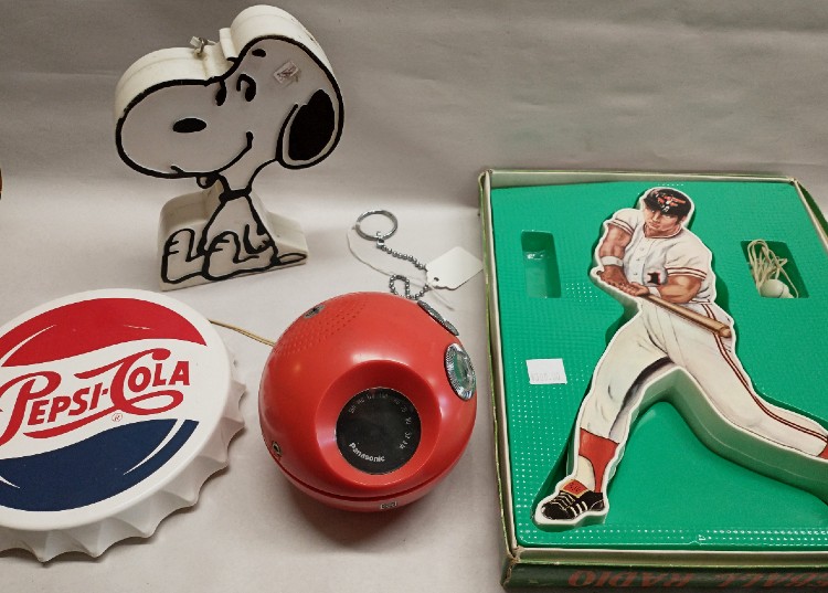 Collectible Novelty Radios - baseball player, Snoopy, red ball, Pepsi