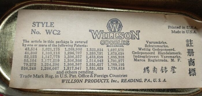 info inside case of Willson Goggles - pre-1930s