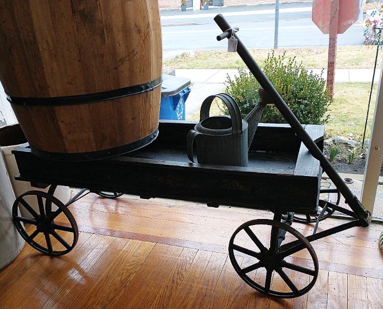 1906 black painted wood Star Coaster Wagon and wooden nail barrel - probably 1960s