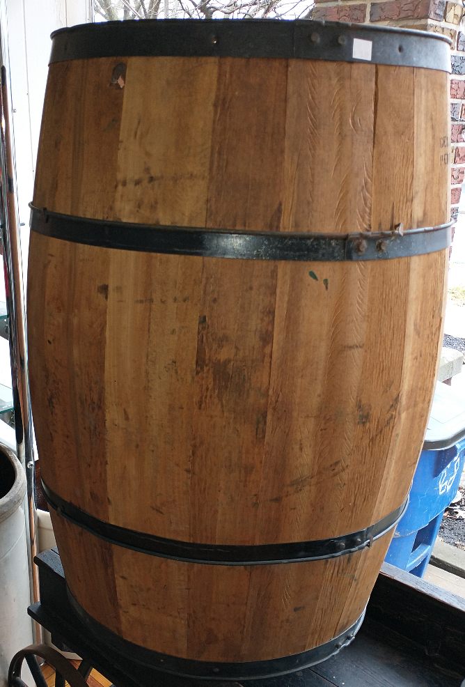 wooden nail keg - 18" diameter x29" tall - with metal hoops